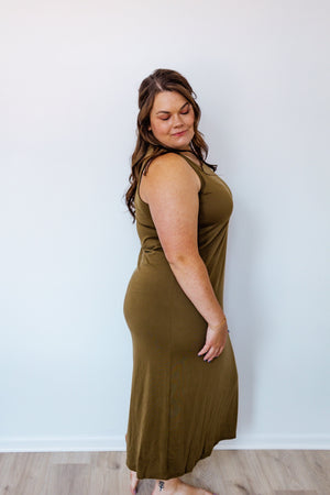 
            
                Load image into Gallery viewer, ROUND NECK TANK SLIP DRESS IN OLIVE GROVE
            
        