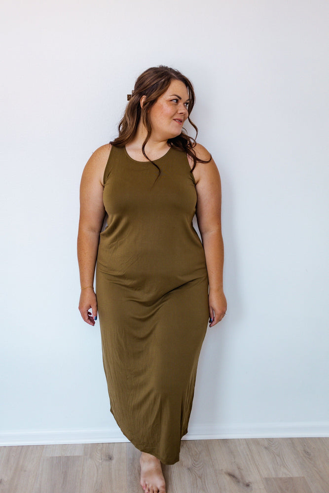 
            
                Load image into Gallery viewer, ROUND NECK TANK SLIP DRESS IN OLIVE GROVE
            
        