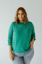 3/4 RUCHED SLEEVE SHIMMERY TEXTURED BLOUSE IN EMERALD CITY