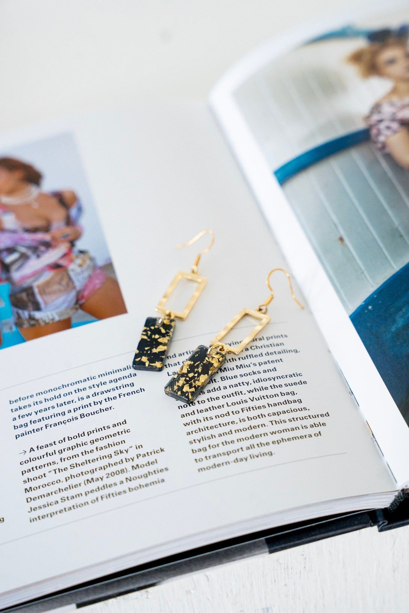 RAYA EARRINGS IN BLACK + GOLD - Love Marlow Gold Flaked black rectangle earrings 