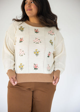 Round Neck Floral Embroidery Sweater Knit Top – Ivory