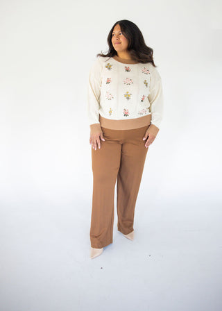 Round Neck Floral Embroidery Sweater Knit Top – Ivory