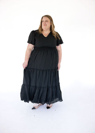 Ruffle Sleeve Tiered Maxi Dress – Black