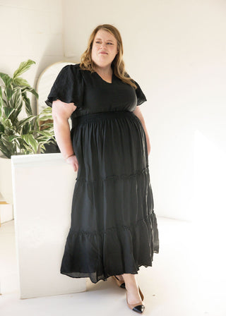 Ruffle Sleeve Tiered Maxi Dress – Black