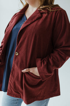 SINGLE-BUTTON CORDUROY BLAZER IN WINE