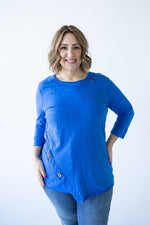 3/4 SLEEVE TUNIC WITH BUTTON DETAIL IN DEEP COBALT