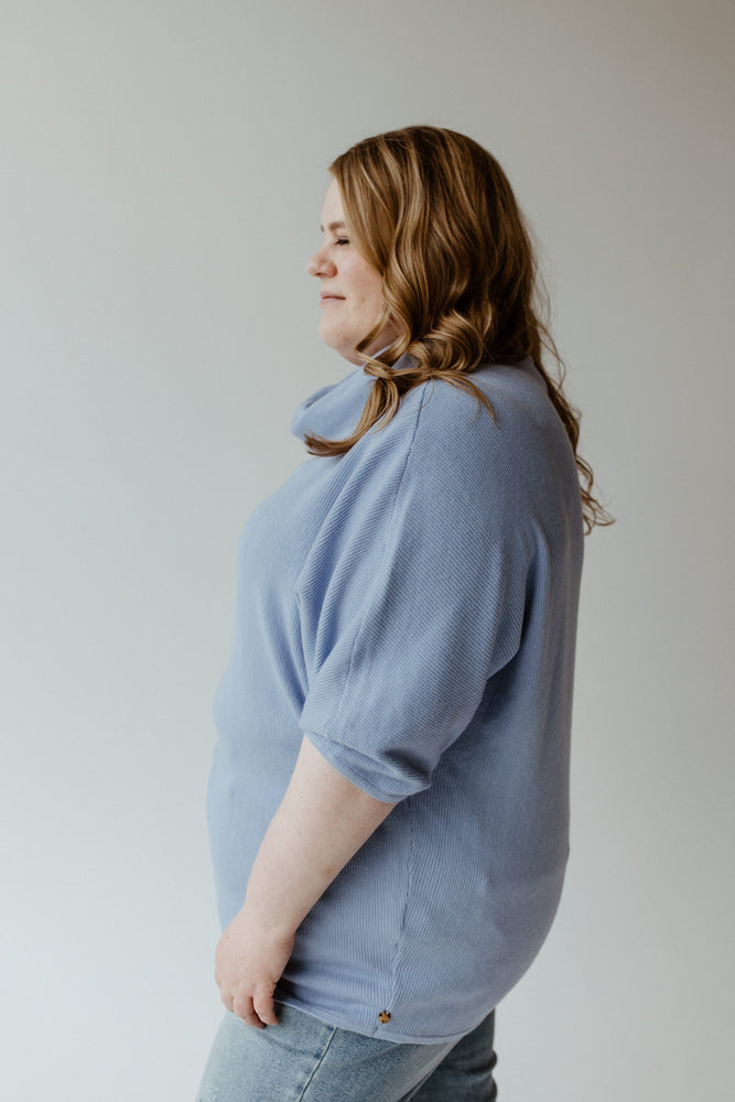 COWL NECK 3/4 SLEEVE SWEATER IN FROST BLUE