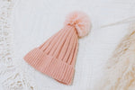 SOLID RIBBED KNIT BEANIE WITH PUFF IN BLUSH