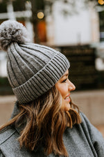 SOLID RIBBED KNIT BEANIE WITH PUFF IN GREY