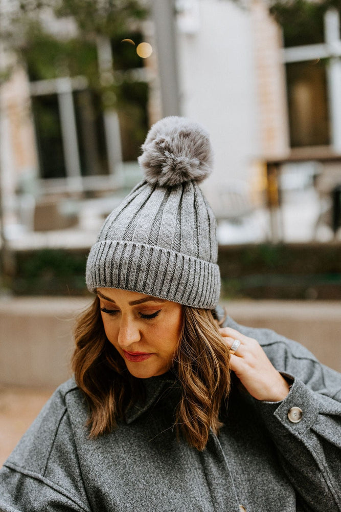 SOLID RIBBED KNIT BEANIE WITH PUFF IN GREY