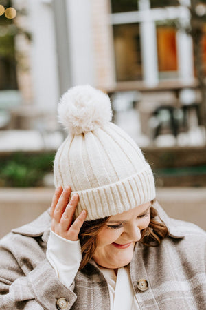
            
                Load image into Gallery viewer, SOLID RIBBED KNIT BEANIE WITH PUFF IN IVORY
            
        
