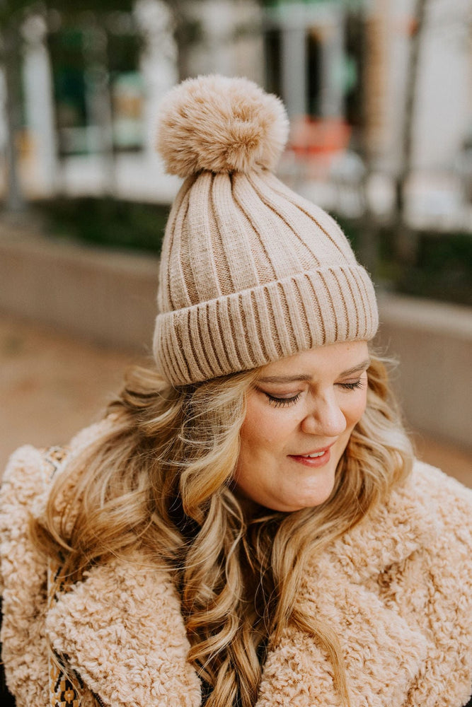 SOLID RIBBED KNIT BEANIE WITH PUFF IN TAUPE