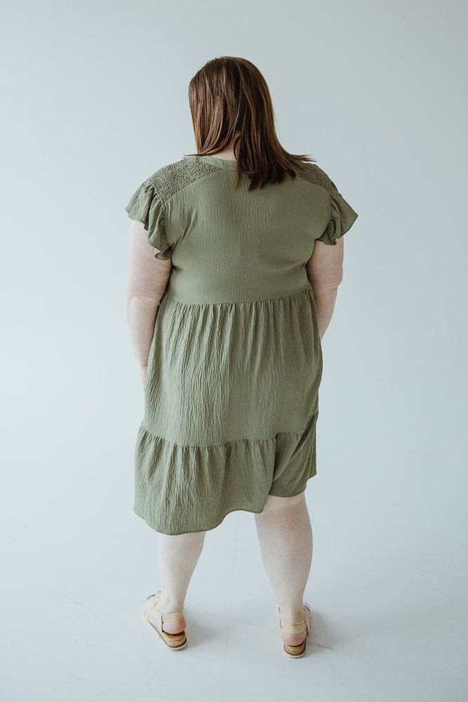SOLID WOVEN TIERED DRESS WITH FLUTTER SLEEVE IN CACTUS
