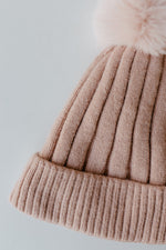 SOLID RIBBED KNIT BEANIE WITH PUFF IN BLUSH