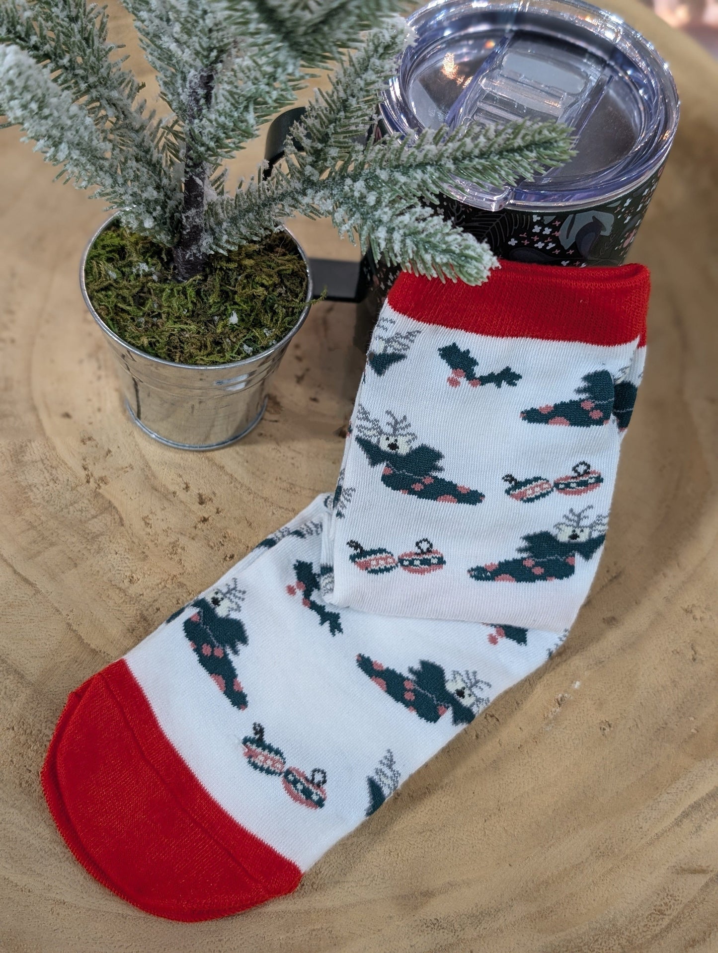 A cozy footwear piece, this holiday sock features a festive reindeer and sleigh design. It's perfectly displayed on a wooden surface, accompanied by a small potted Christmas tree and a tumbler.