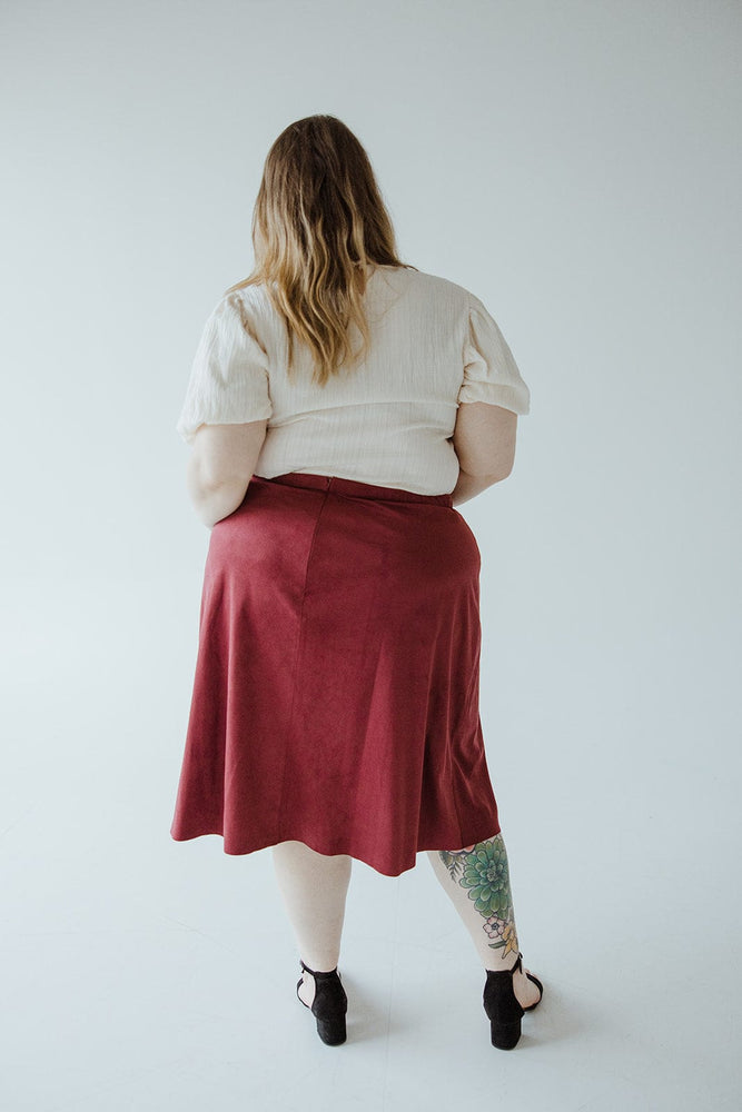 STRETCHY FAUX SUEDE A-LINE SKIRT IN MULLED WINE