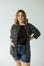 STRIPED BUTTON UP BLOUSE IN BLACK AND OFF-WHITE