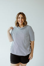 STRIPED COWL NECK SHORT SLEEVE TUNIC IN OFF-WHITE