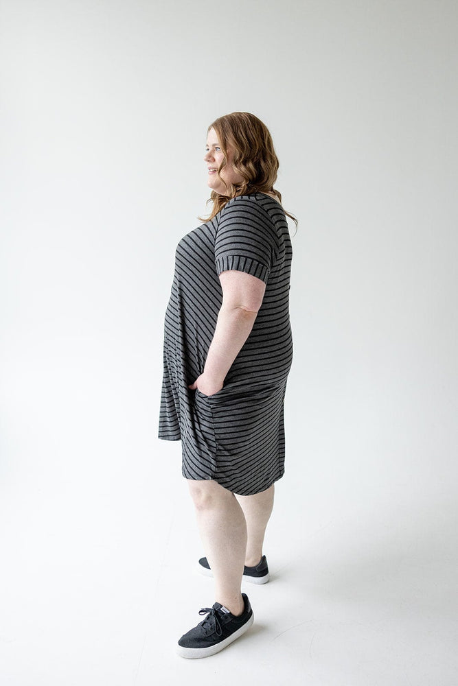 STRIPED T-SHIRT DRESS WITH BACK BUTTON DETAIL IN CHARCOAL AND BLACK