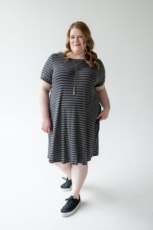 STRIPED T-SHIRT DRESS WITH BACK BUTTON DETAIL IN CHARCOAL AND BLACK