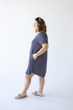 STRIPED T-SHIRT DRESS WITH BACK BUTTON DETAIL IN NAVY AND IVORY