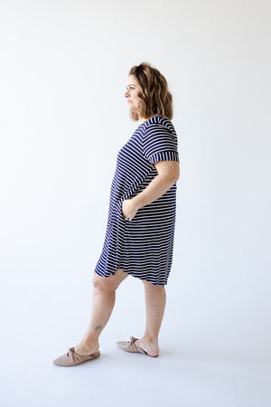 STRIPED T-SHIRT DRESS WITH BACK BUTTON DETAIL IN NAVY AND IVORY