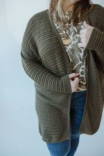 STRIPED KNIT PATTERN CARDIGAN IN MOSS