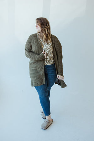 STRIPED KNIT PATTERN CARDIGAN IN MOSS