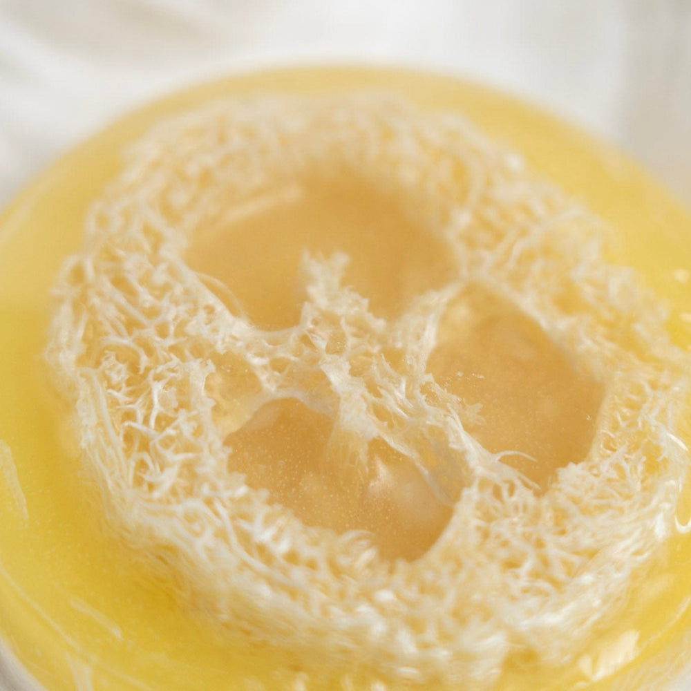 Close-up of a yellow jelly-like dessert with a white lace-like structure on top.