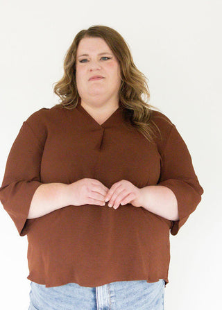 3/4 Sleeve Collared Woven Top – Brown
