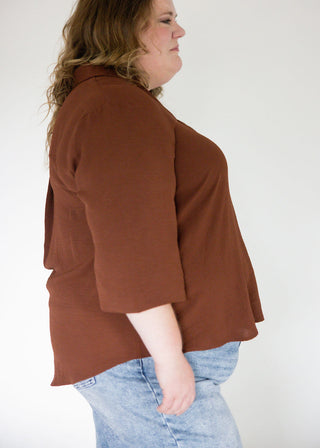 3/4 Sleeve Collared Woven Top – Brown