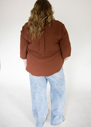 3/4 Sleeve Collared Woven Top – Brown