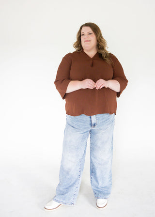 3/4 Sleeve Collared Woven Top – Brown