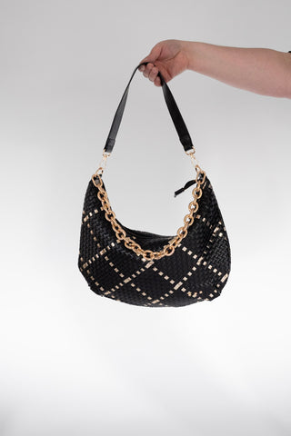 Slouchy Woven Shoulder Bag – Black Gold Diamond