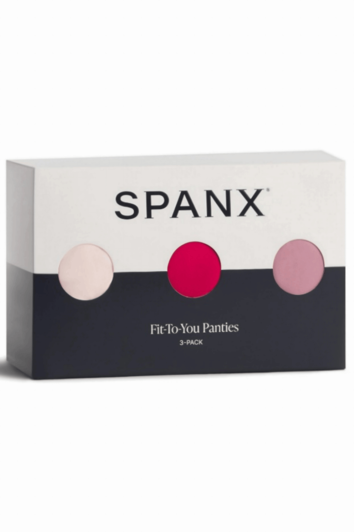 SPANX panties packaging with three pink circles on a white background