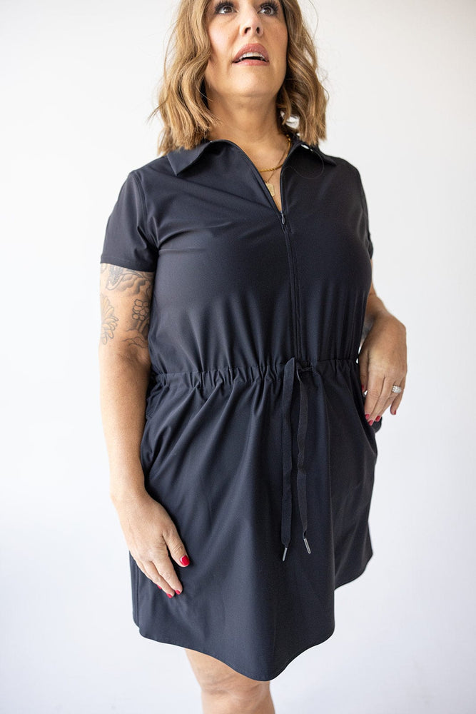 SPANX Women's Black Sunshine Drawstring Waist Polo Mini Dress