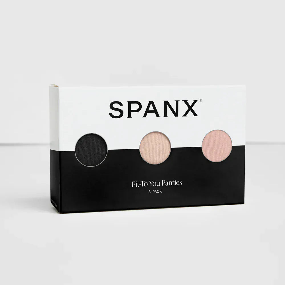 SPANX packaging with three color samples on a white background