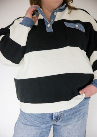 Striped Denim Collar Sweater Knit Top – Black | Ivory