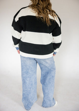 Striped Denim Collar Sweater Knit Top – Black | Ivory