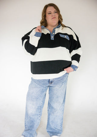 Striped Denim Collar Sweater Knit Top – Black | Ivory