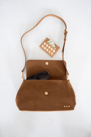 Suede Fold-Over Flap Crossbody – Camel
