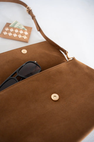 Suede Fold-Over Flap Crossbody – Camel