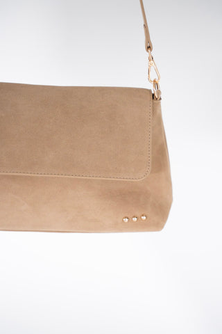 Suede Fold-Over Flap Crossbody – Taupe