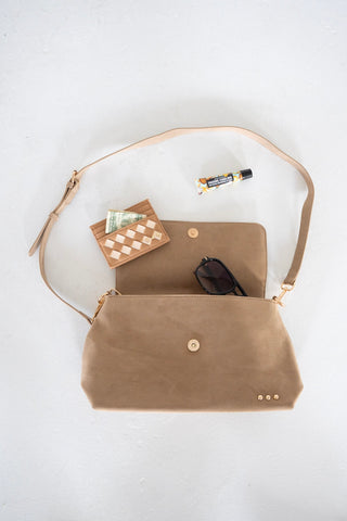 Suede Fold-Over Flap Crossbody – Taupe