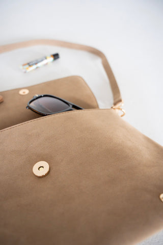 Suede Fold-Over Flap Crossbody – Taupe