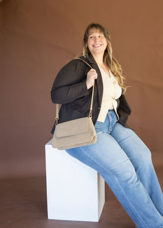 Suede Fold-Over Flap Crossbody – Taupe