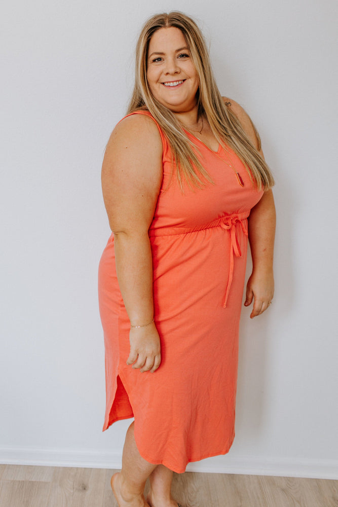 TANK DRESS WITH DRAWSTRING IN SPICY CORAL
