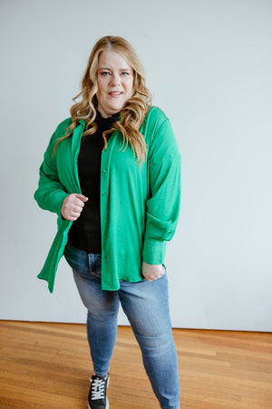 
            
                Load image into Gallery viewer, TEXTURED BUTTON-UP BLOUSE IN EMERALD
            
        