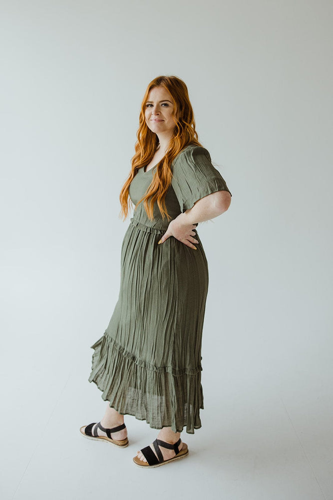 TEXTURED FLUTTER SLEEVE DRESS WITH KICK HEM IN SECLUDED WOODS