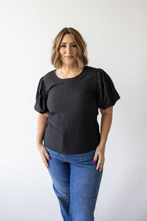 TEXTURED LONG CROP BLOUSE WITH BUBBLE SLEEVE IN BLACK